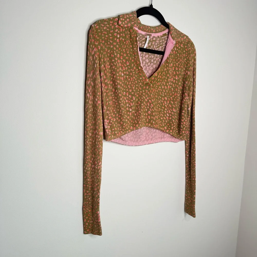 Free People Olive Green Pink Dot Cropped Long Sleeve Top Size Small